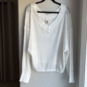 We The Free Free People Women L Thermal Top White V-Neck Waffle Knit Oversized